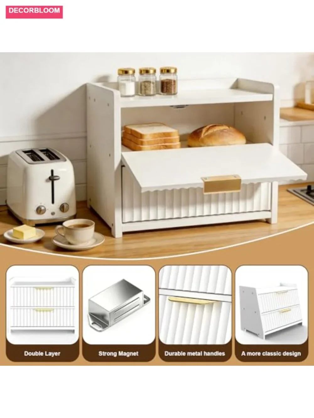 Large Double Layer Wooden Bread Box with Gold Handle, Farmhouse Kitchen